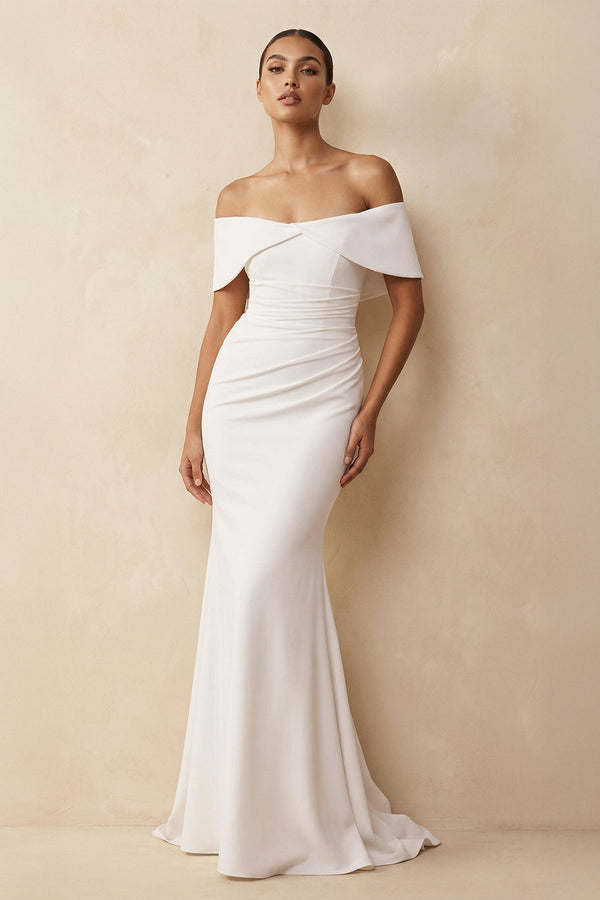 Off - the - Shoulder Crepe Mermaid Wedding Dress in White - KISS BRIDAL Wedding Dresses