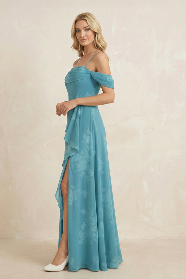 Off - the - Shoulder Floral Chiffon Ruffled Bridesmaid Dress in Adriatic Blue - KISS BRIDAL Bridesmaid Dresses