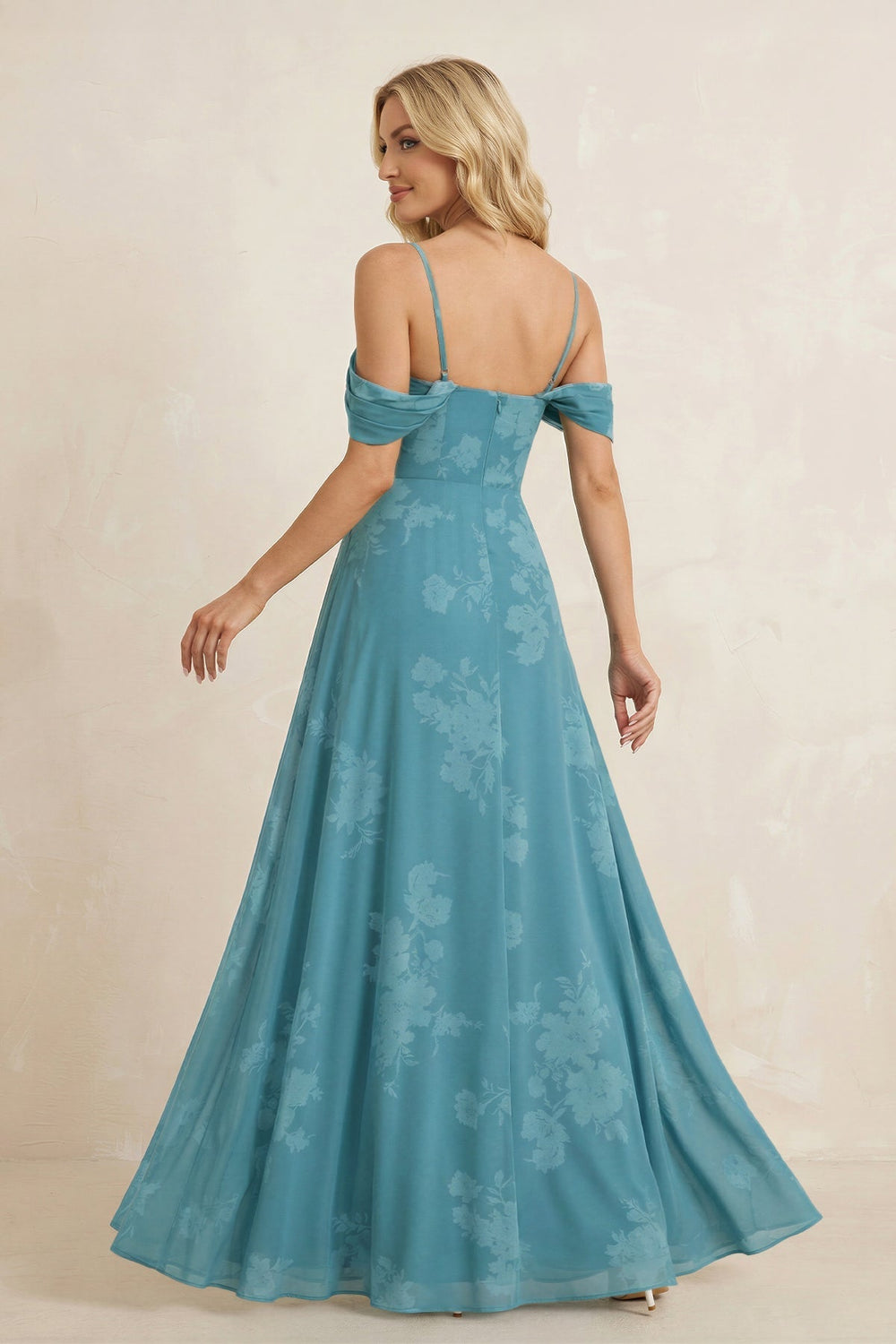 Off-the-Shoulder Floral Chiffon Ruffled Bridesmaid Dress in Adriatic Blue