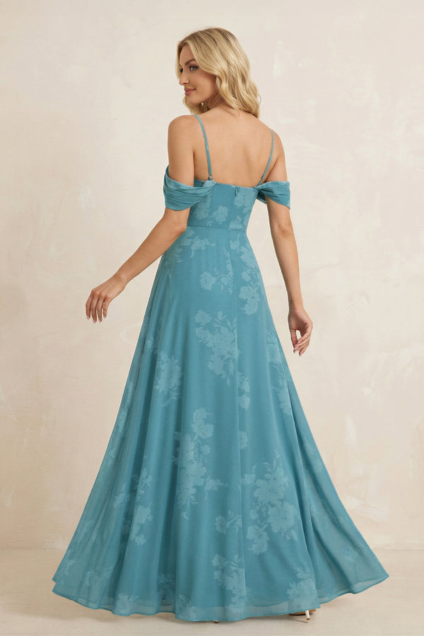 Off - the - Shoulder Floral Chiffon Ruffled Bridesmaid Dress in Adriatic Blue - KISS BRIDAL Bridesmaid Dresses