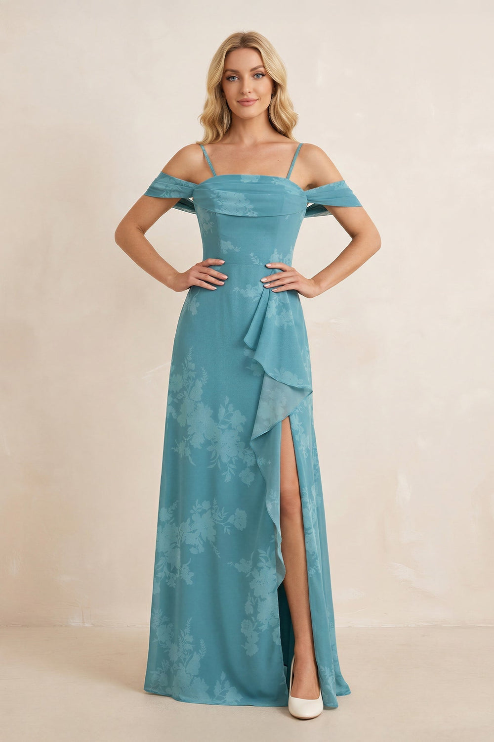 Off-the-Shoulder Floral Chiffon Ruffled Bridesmaid Dress in Adriatic Blue