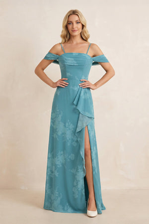 Off - the - Shoulder Floral Chiffon Ruffled Bridesmaid Dress in Adriatic Blue - KISS BRIDAL Bridesmaid Dresses
