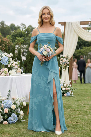 Off - the - Shoulder Floral Chiffon Ruffled Bridesmaid Dress in Adriatic Blue - KISS BRIDAL Bridesmaid Dresses