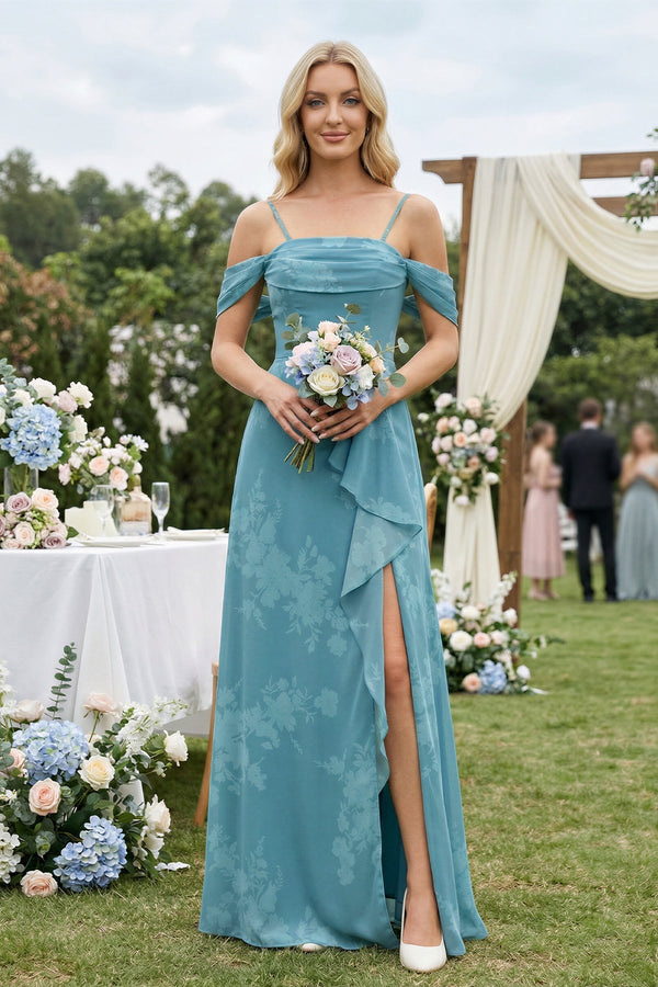 Off - the - Shoulder Floral Chiffon Ruffled Bridesmaid Dress in Adriatic Blue - KISS BRIDAL Bridesmaid Dresses