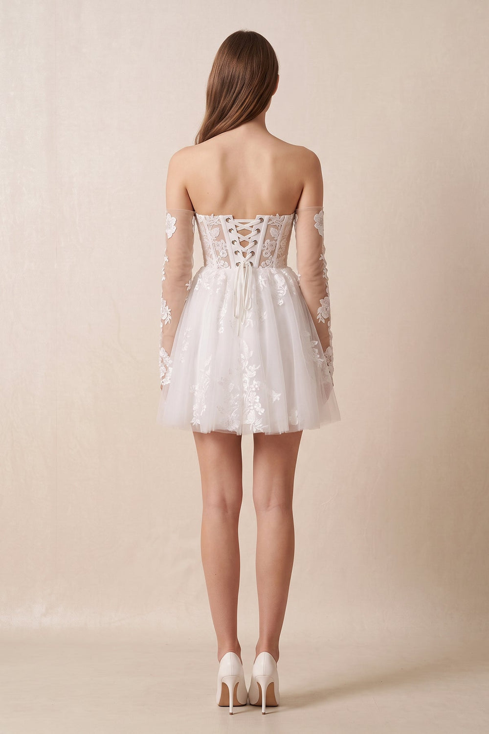 Off-the-Shoulder Flower Appliqued Tulle A-Line Mini Wedding Dress