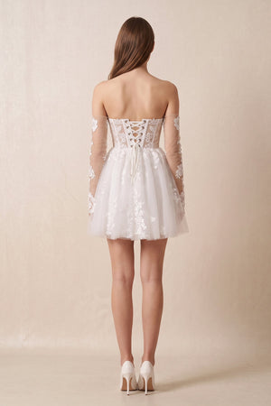 Off - the - Shoulder Flower Appliqued Tulle A - Line Mini Wedding Dress - KISS BRIDAL Wedding Dresses