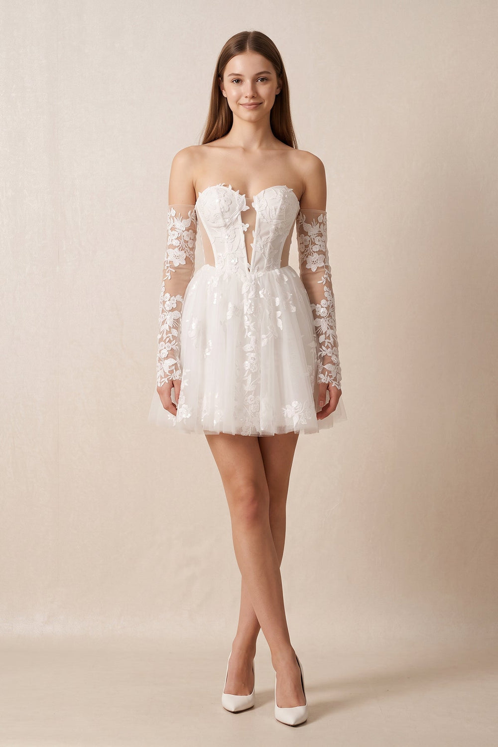 Off-the-Shoulder Flower Appliqued Tulle A-Line Mini Wedding Dress