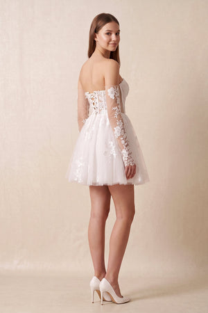 Off - the - Shoulder Flower Appliqued Tulle A - Line Mini Wedding Dress - KISS BRIDAL Wedding Dresses