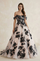 Off - the - Shoulder Flower Appliqued Tulle Wedding Dress in Black and Nude - KISS BRIDAL Wedding Dresses