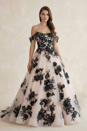 Off - the - Shoulder Flower Appliqued Tulle Wedding Dress in Black and Nude - KISS BRIDAL Wedding Dresses