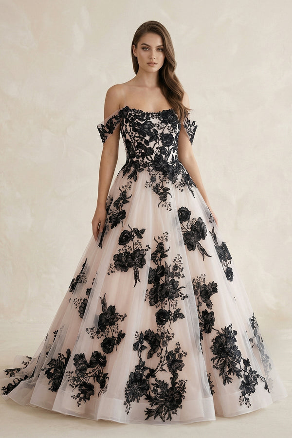 Off - the - Shoulder Flower Appliqued Tulle Wedding Dress in Black and Nude - KISS BRIDAL Wedding Dresses
