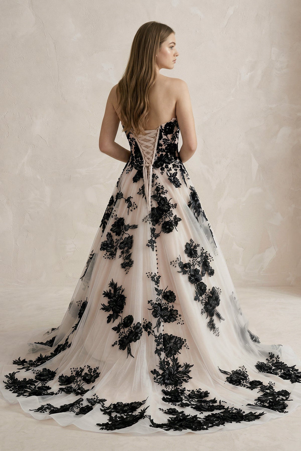 Off-the-Shoulder Flower Appliqued Tulle Wedding Dress in Black and Nude