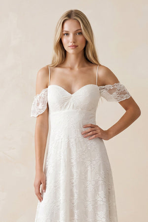Off - the - Shoulder Lace A - Line Appliqued Wedding Dress in White - KISS BRIDAL Wedding Dresses