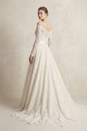 Off - the - Shoulder Lace Long Sleeve Bow Wedding Dress in Ivory - KISS BRIDAL Wedding Dresses