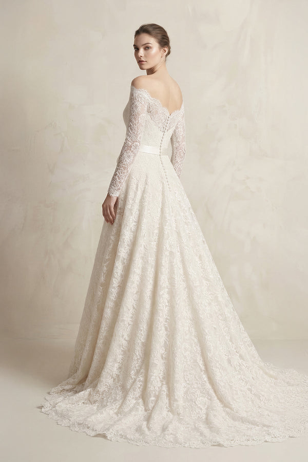 Off - the - Shoulder Lace Long Sleeve Bow Wedding Dress in Ivory - KISS BRIDAL Wedding Dresses