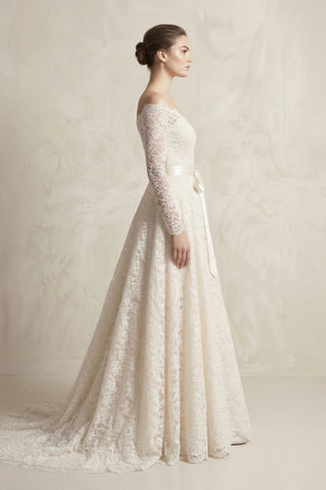 Off - the - Shoulder Lace Long Sleeve Bow Wedding Dress in Ivory - KISS BRIDAL Wedding Dresses