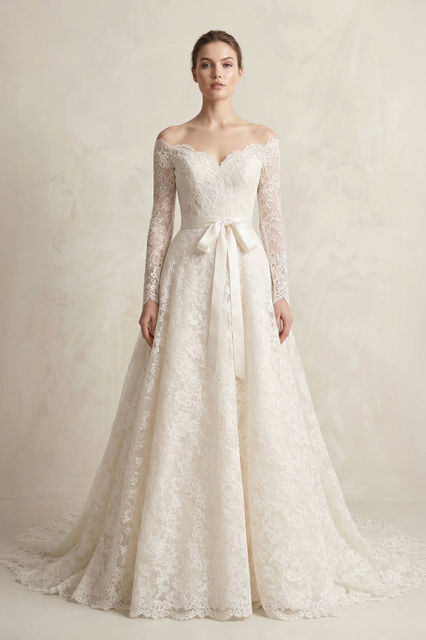 Off - the - Shoulder Lace Long Sleeve Bow Wedding Dress in Ivory - KISS BRIDAL Wedding Dresses