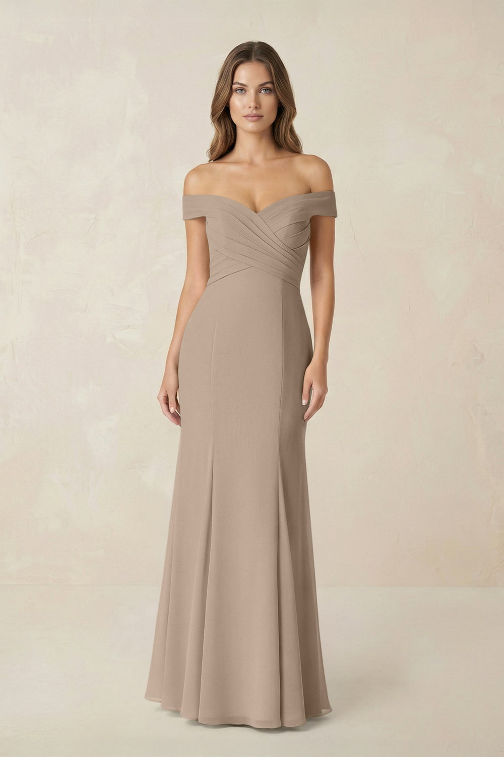Off-the Shoulder Mermaid Chiffon Bridesmaid Dress in Almond