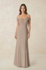 Off-the Shoulder Mermaid Chiffon Bridesmaid Dress in Almond | KISSBRIDAL