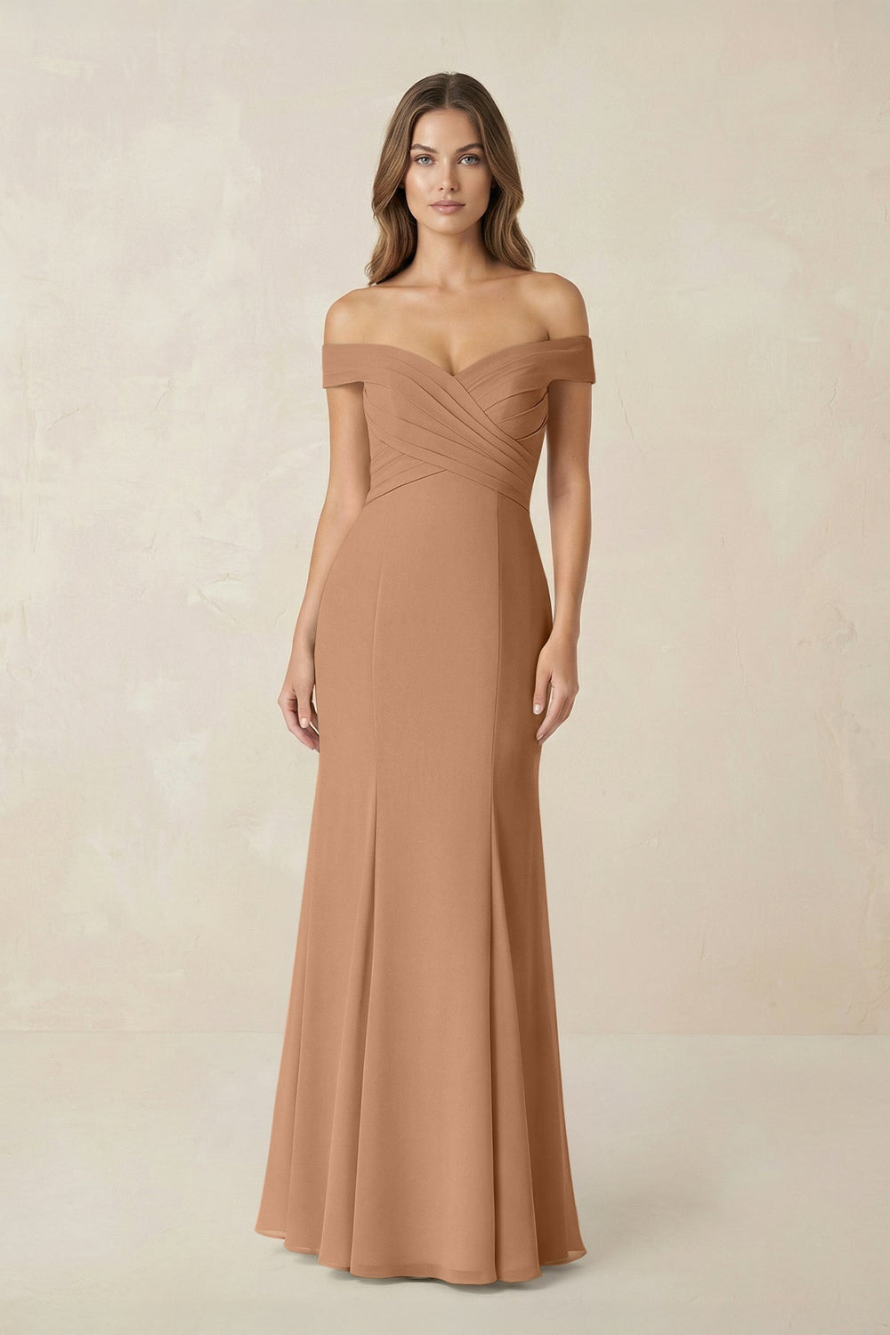 Off-the Shoulder Mermaid Chiffon Bridesmaid Dress in Bronzer
