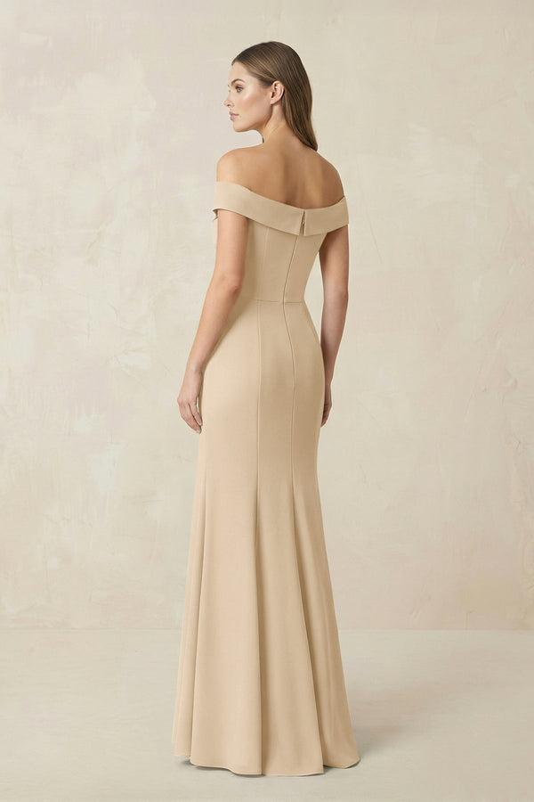 Off-the Shoulder Mermaid Chiffon Bridesmaid Dress in Champagne (2) | KISSBRIDAL