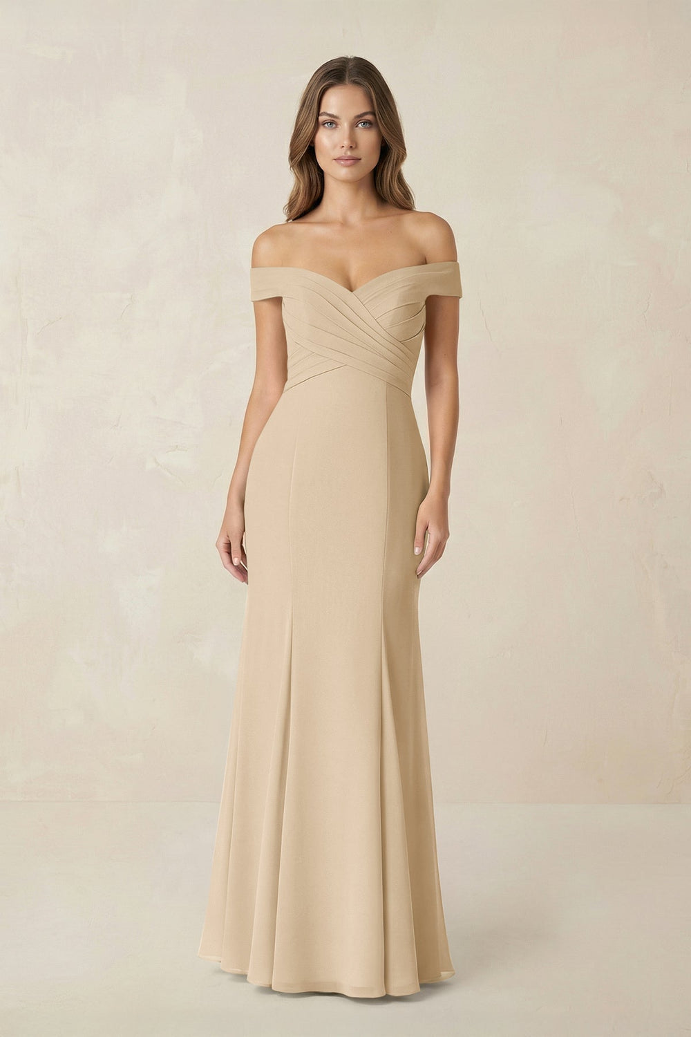 Off-the Shoulder Mermaid Chiffon Bridesmaid Dress in Champagne