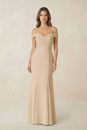 Off-the Shoulder Mermaid Chiffon Bridesmaid Dress in Champagne | KISSBRIDAL
