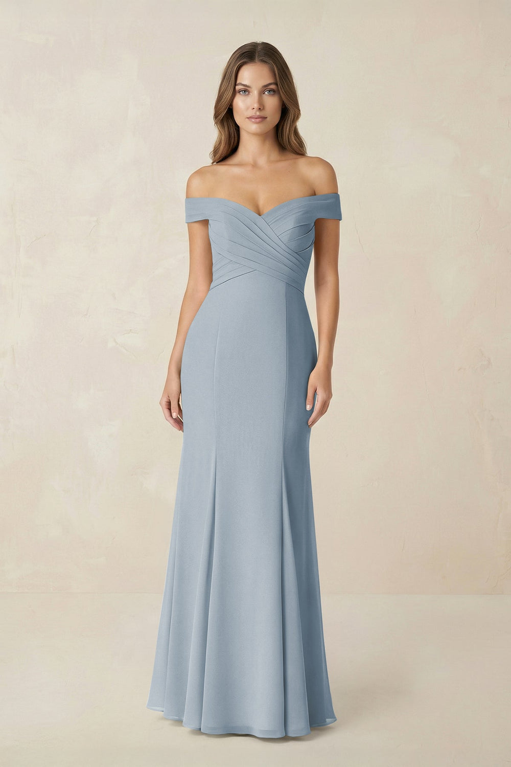 Off-the Shoulder Mermaid Chiffon Bridesmaid Dress in Dusty Blue