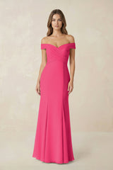 Off-the Shoulder Mermaid Chiffon Bridesmaid Dress in Fuchsia | KISSBRIDAL