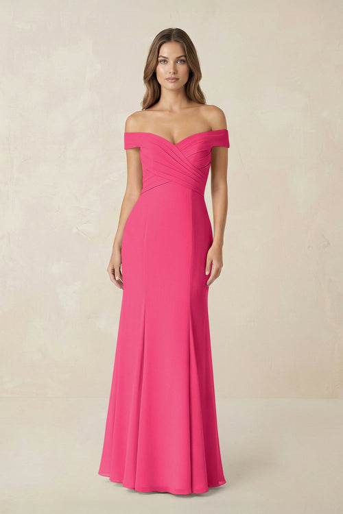 Off-the Shoulder Mermaid Chiffon Bridesmaid Dress in Fuchsia | KISSBRIDAL