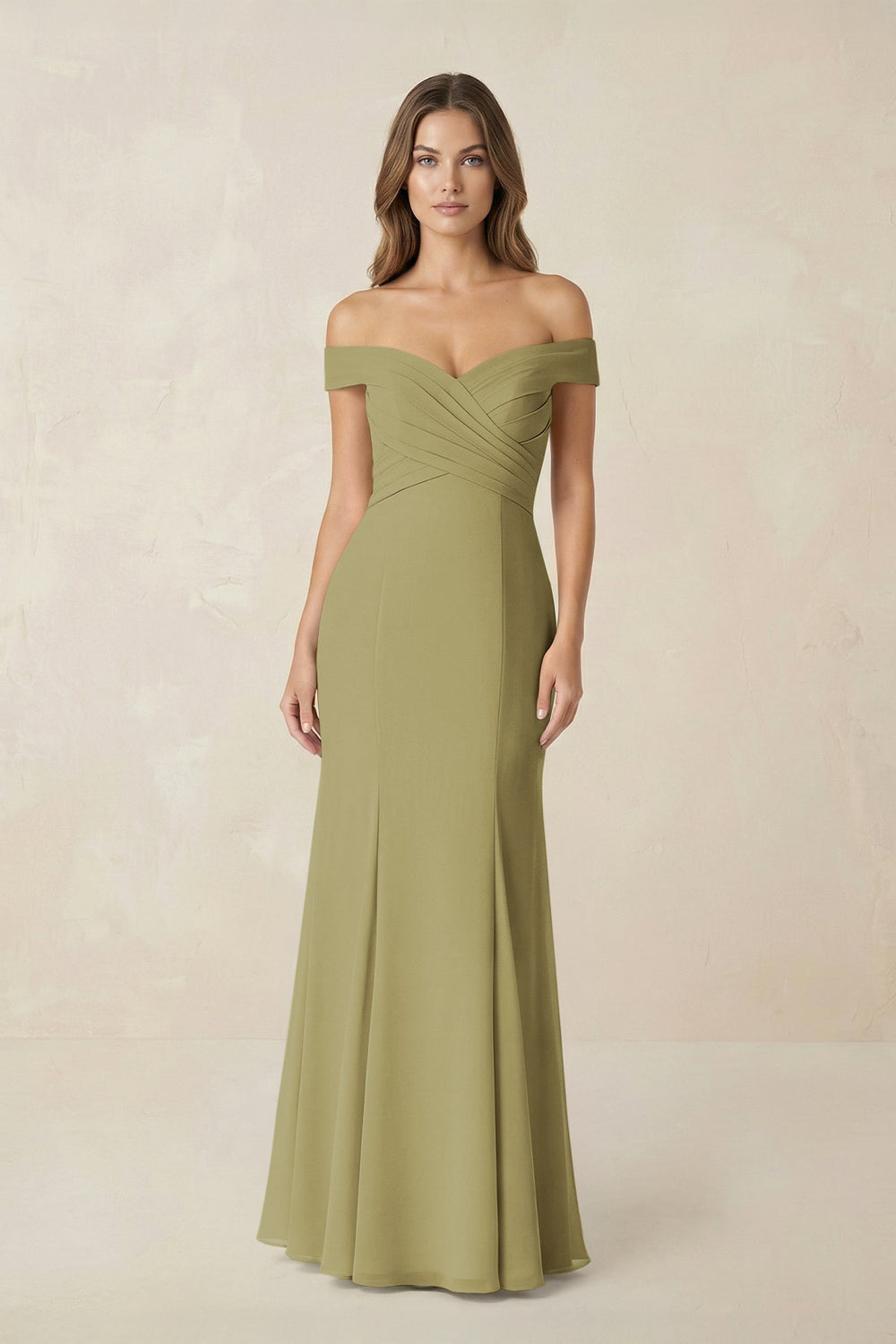 Off-the Shoulder Mermaid Chiffon Bridesmaid Dress in Moss Green