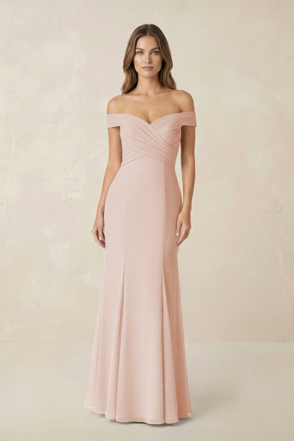 Off-the Shoulder Mermaid Chiffon Bridesmaid Dress in Pale Blush