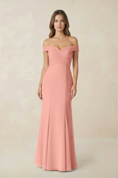 Off-the Shoulder Mermaid Chiffon Bridesmaid Dress in Rosette | KISSBRIDAL