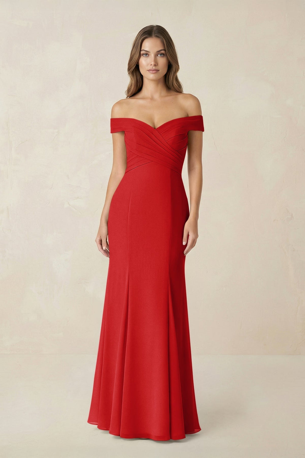 Off-the Shoulder Mermaid Chiffon Bridesmaid Dress in Ruby Red