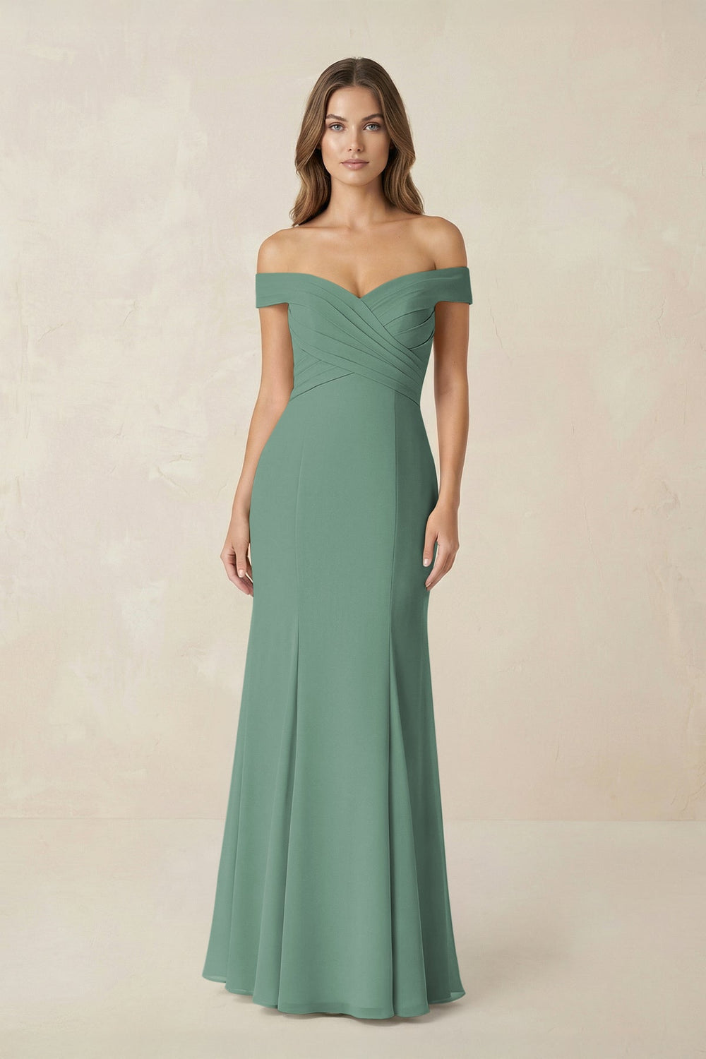 Off-the Shoulder Mermaid Chiffon Bridesmaid Dress in Sea Glass
