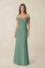 Off-the Shoulder Mermaid Chiffon Bridesmaid Dress in Sea Glass | KISSBRIDAL