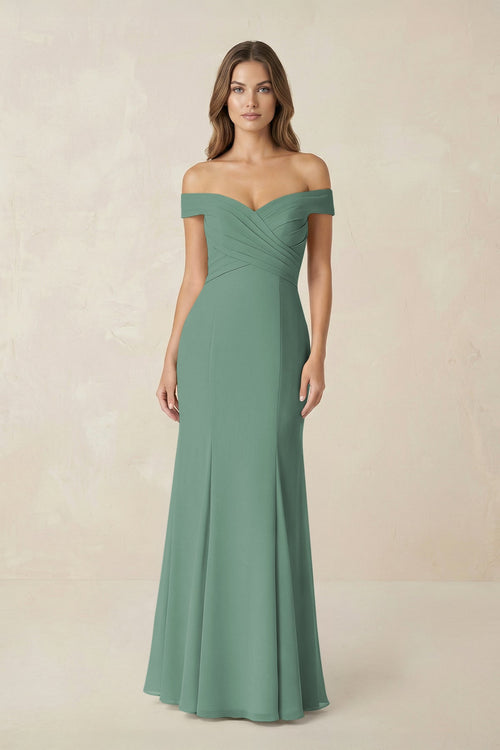 Off-the Shoulder Mermaid Chiffon Bridesmaid Dress in Sea Glass | KISSBRIDAL