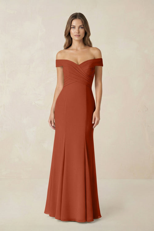 Off - the Shoulder Mermaid Chiffon Bridesmaid Dress in Spice - KISS BRIDAL Bridesmaid Dresses