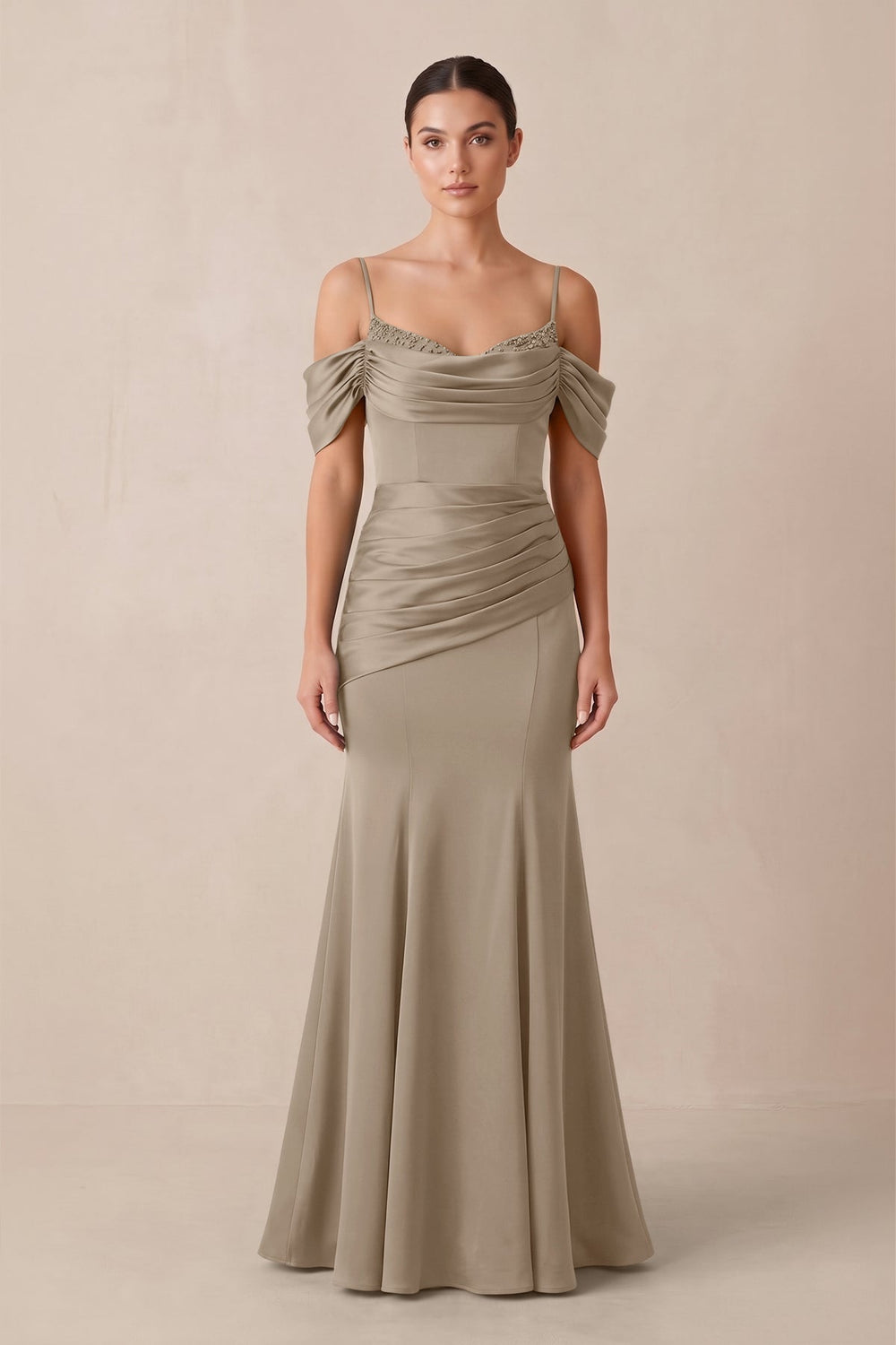 Off-the-Shoulder Mermaid Ruched Bridesmaid Dress in Almond