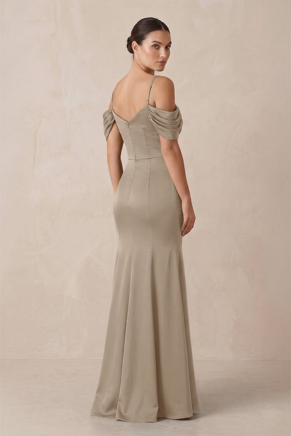Off-the-Shoulder Mermaid Ruched Bridesmaid Dress in Almond