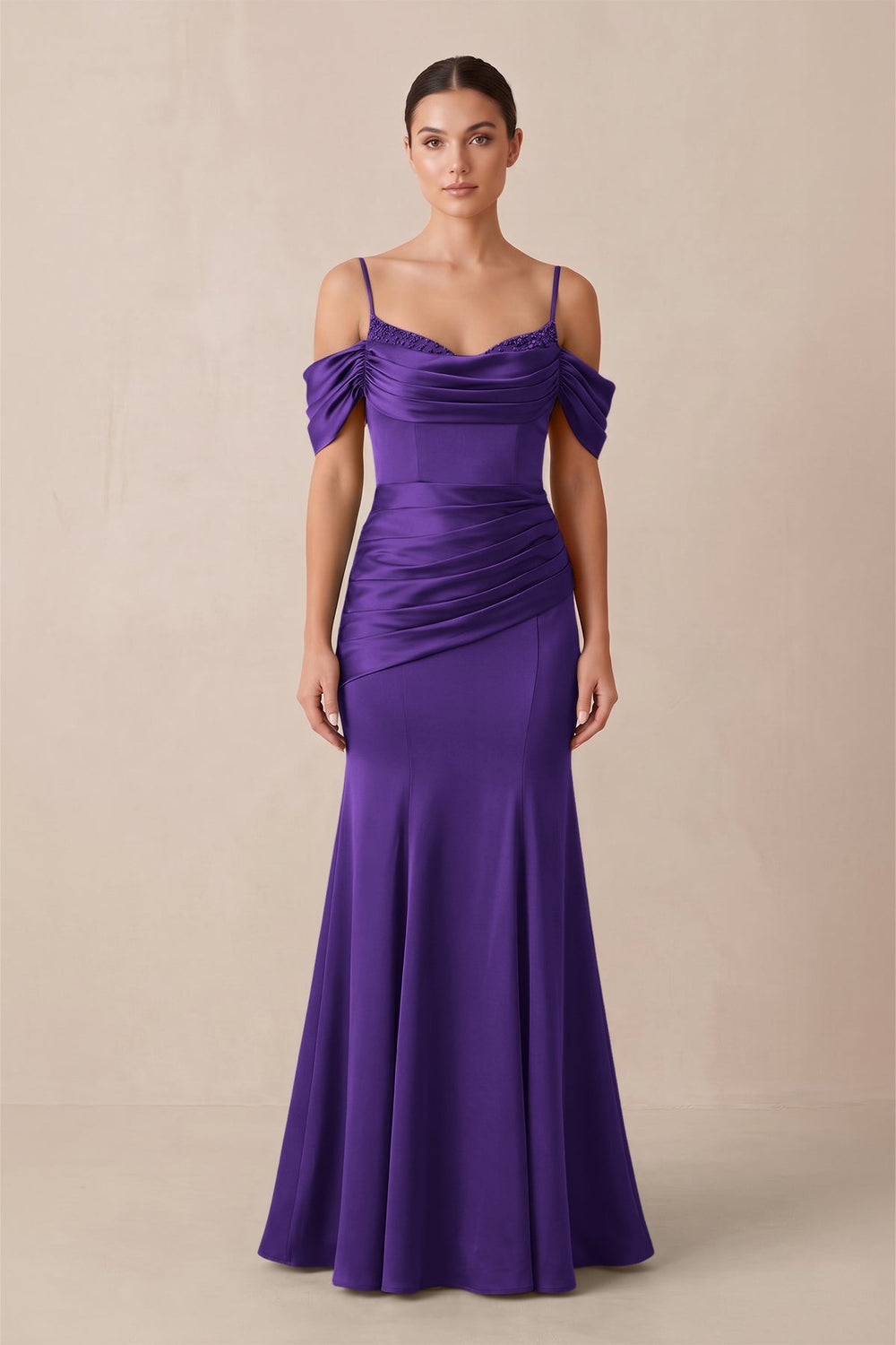 Off-the-Shoulder Mermaid Ruched Bridesmaid Dress in Amethyst