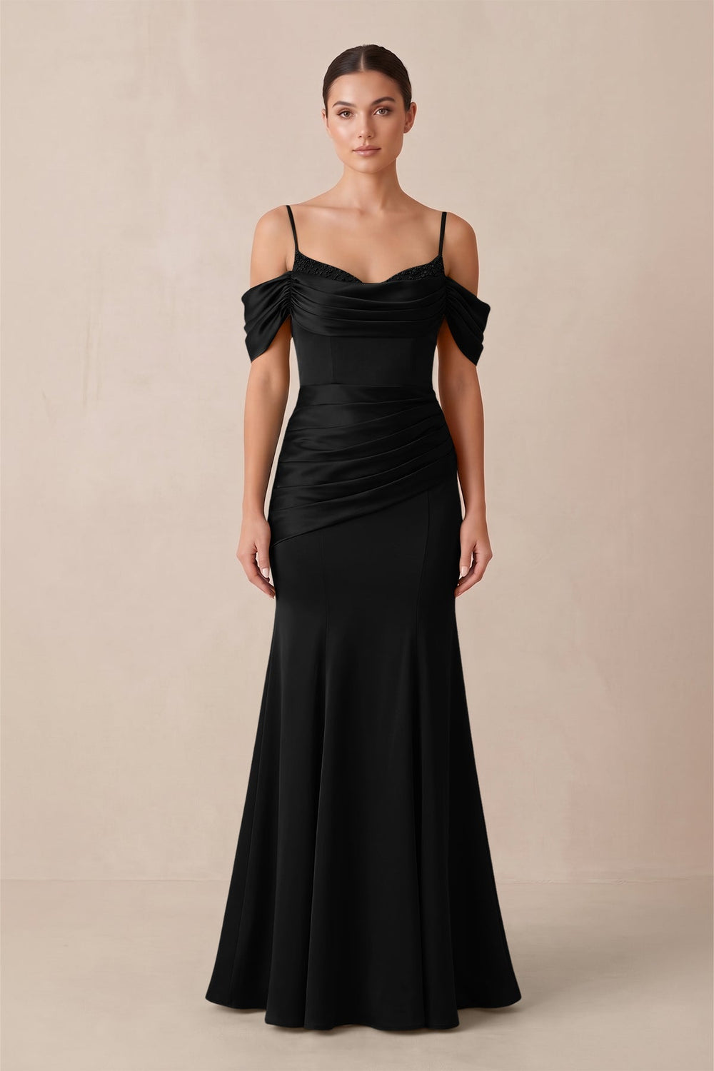 Off-the-Shoulder Mermaid Ruched Bridesmaid Dress in Black