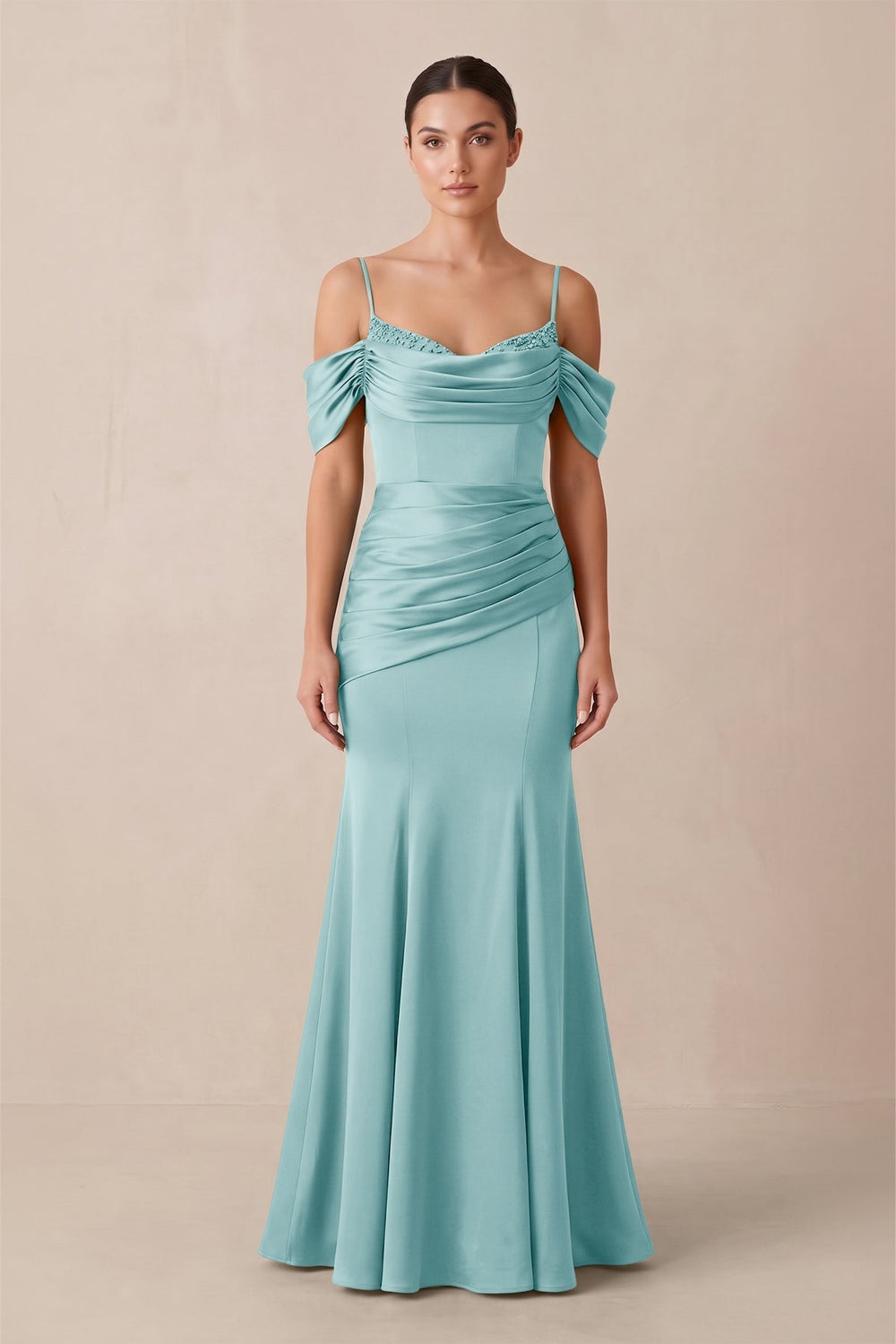 Off-the-Shoulder Mermaid Ruched Bridesmaid Dress in Bleached Aqua