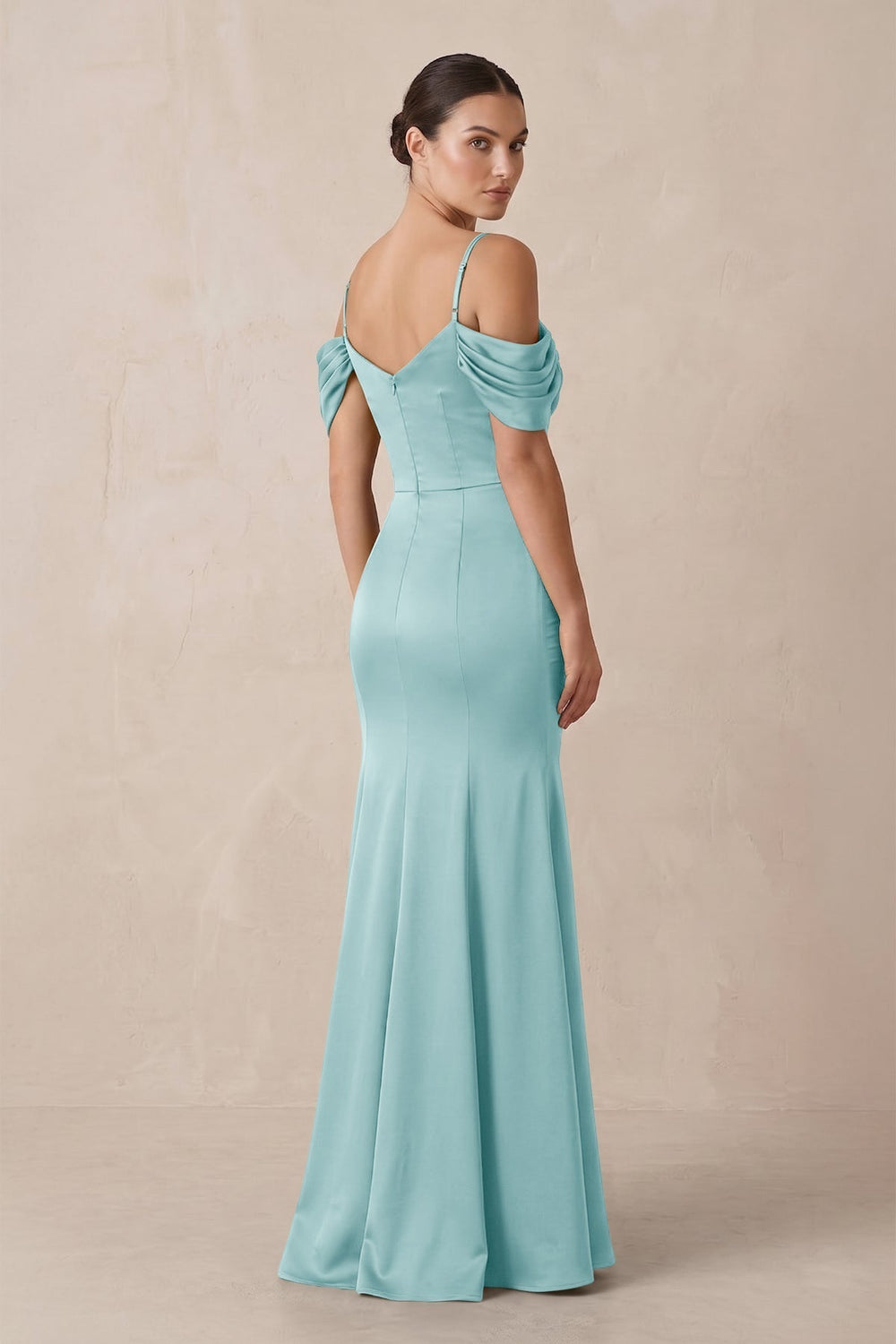 Off-the-Shoulder Mermaid Ruched Bridesmaid Dress in Bleached Aqua