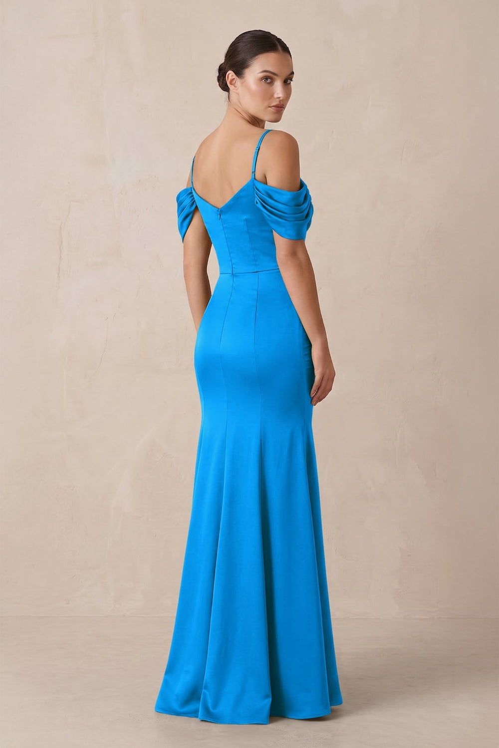Off-the-Shoulder Mermaid Ruched Bridesmaid Dress in Blue Jay