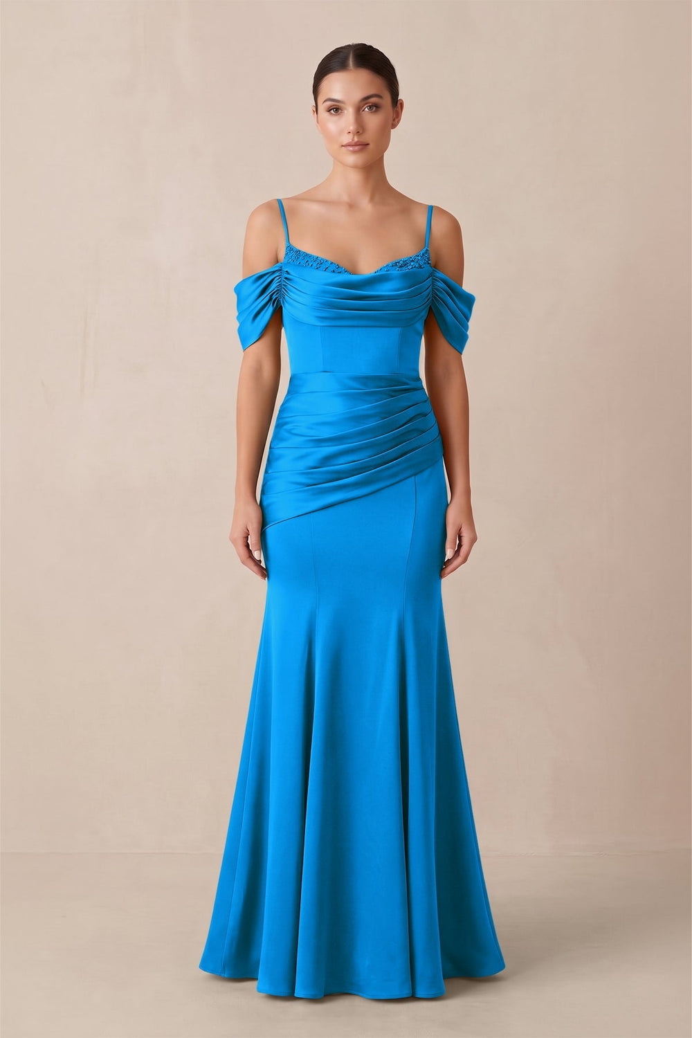 Off-the-Shoulder Mermaid Ruched Bridesmaid Dress in Blue Jay