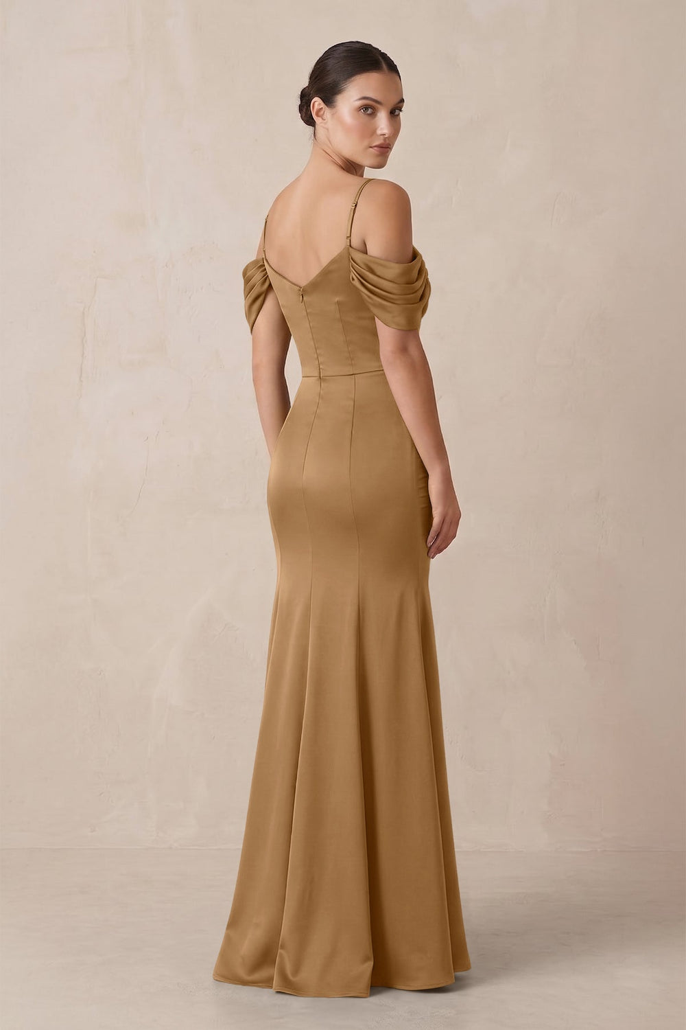 Off-the-Shoulder Mermaid Ruched Bridesmaid Dress in Bronzer
