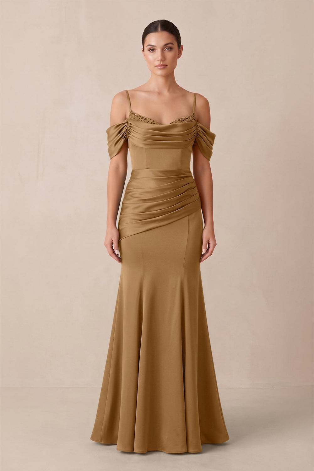 Off-the-Shoulder Mermaid Ruched Bridesmaid Dress in Bronzer