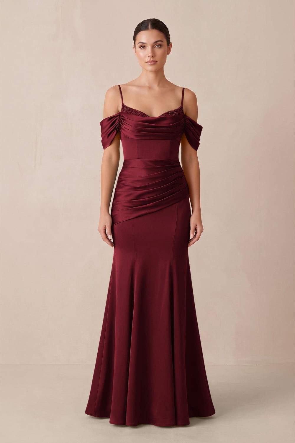 Off-the-Shoulder Mermaid Ruched Bridesmaid Dress in Burgundy