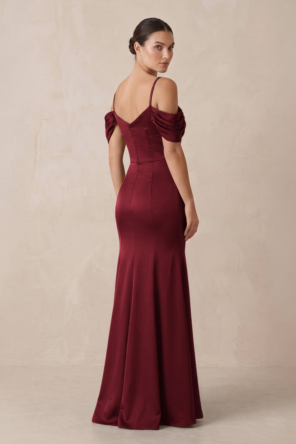 Off-the-Shoulder Mermaid Ruched Bridesmaid Dress in Burgundy